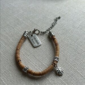 Cork Portugal bracelet Felicidade Tan and Silver Bracelet with Leaf Charm